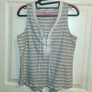 Like New Others Follow Light Grey and White Stripe Lace Up Sleeveless Shirt
